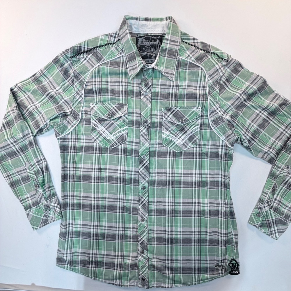 Buckle Black Label No 048 Shirt Mens XL Green Plaid Western Snap Slim Fit Y2K